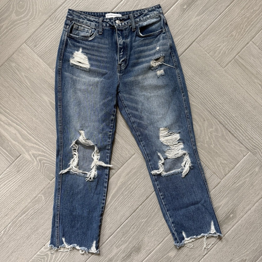 Flying Monkey Distressed Blue Jeans Women's Ultra High Rise Straight Size 26